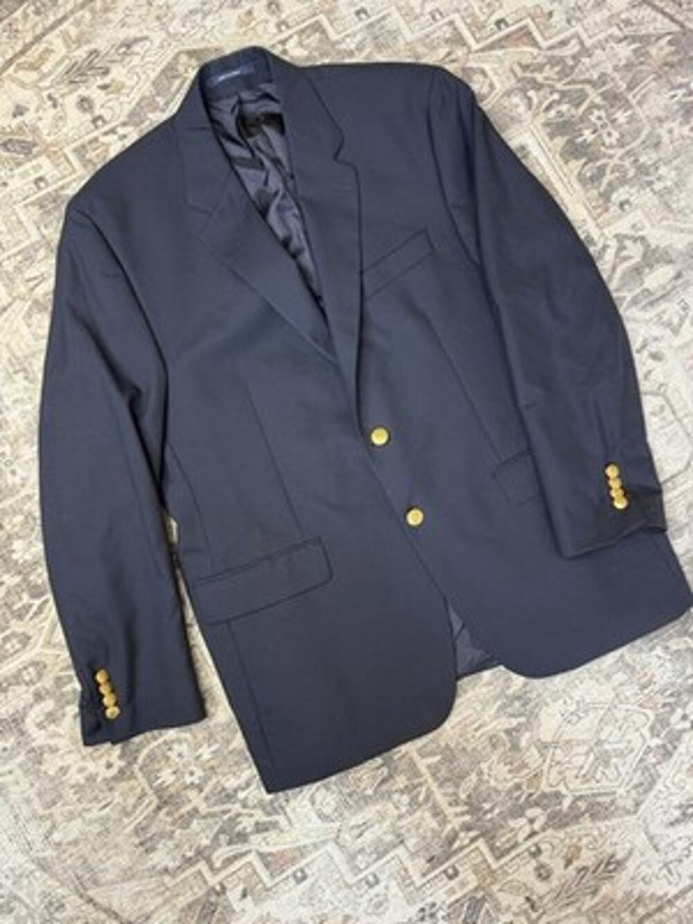 Vtg Chaps Ralph Lauren Navy Blue Wool Blazer Sport Coat Gold Crest Buttons 44R